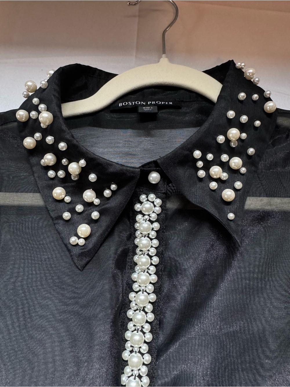 Boston Proper Black Sheer Pearl Embellished Button Down Blouse LG Goth Romantic - Picture 13 of 13